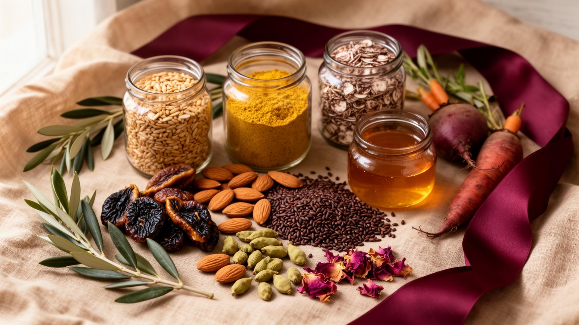 Editorial flatlay of R-Three wellness ingredients on warm beige linen with burgundy ribbon.